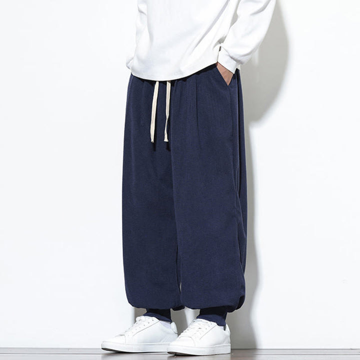 Pantalon sarouel en velours côtelé de coton pour homme, motif Buddha Stones Fall, uni, avec cordon de serrage, design simple, avec poches - image 44