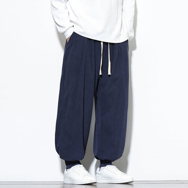 Pantalon sarouel en velours côtelé de coton pour homme, motif Buddha Stones Fall, uni, avec cordon de serrage, design simple, avec poches - image 43