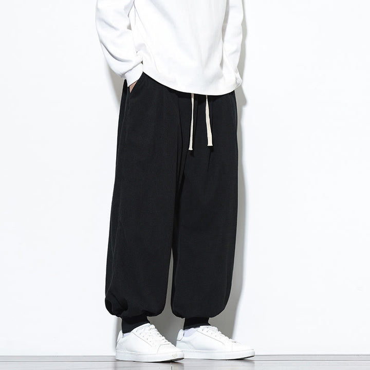 Pantalon sarouel en velours côtelé de coton pour homme, motif Buddha Stones Fall, uni, avec cordon de serrage, design simple, avec poches - image 29