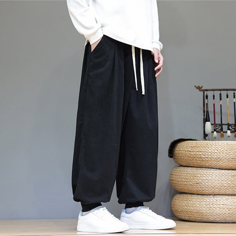 Pantalon sarouel en velours côtelé de coton pour homme, motif Buddha Stones Fall, uni, avec cordon de serrage, design simple, avec poches - image 35