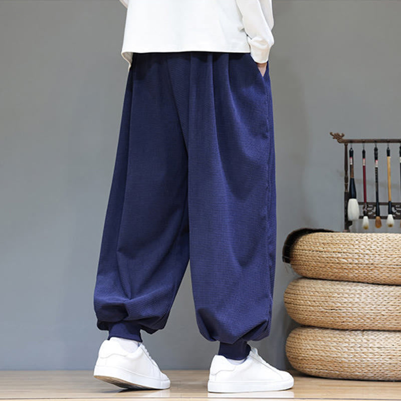 Pantalon sarouel en velours côtelé de coton pour homme, motif Buddha Stones Fall, uni, avec cordon de serrage, design simple, avec poches - image 54