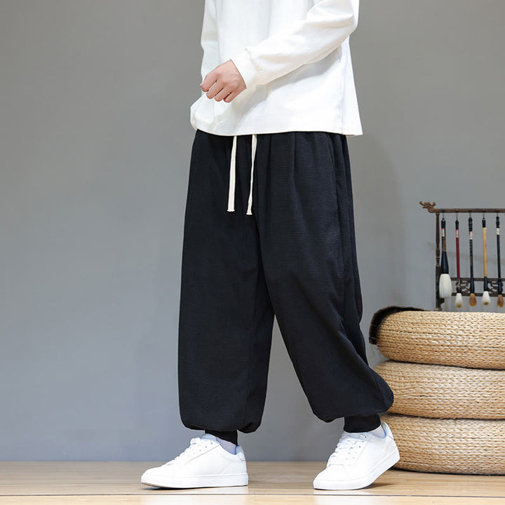 Pantalon sarouel en velours côtelé de coton pour homme, motif Buddha Stones Fall, uni, avec cordon de serrage, design simple, avec poches - image 32