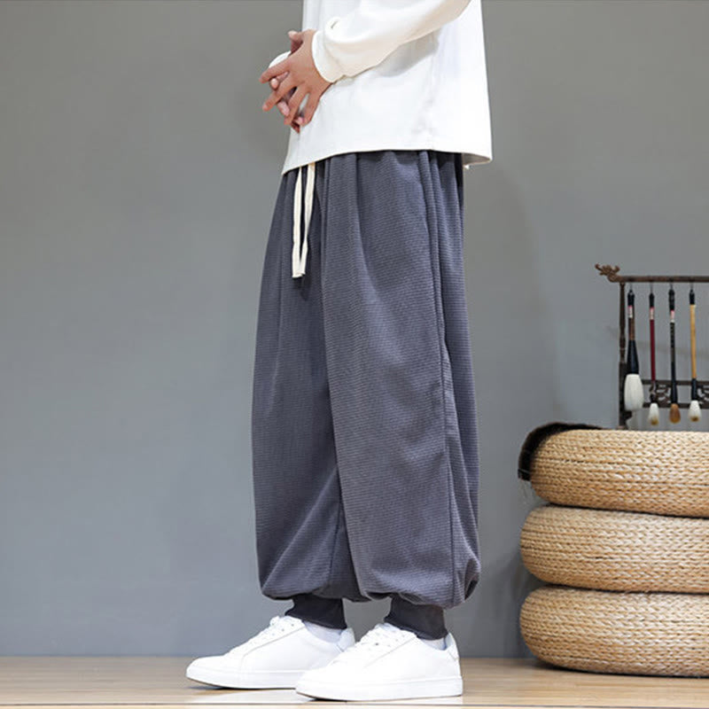 Pantalon sarouel en velours côtelé de coton pour homme, motif Buddha Stones Fall, uni, avec cordon de serrage, design simple, avec poches - image 3
