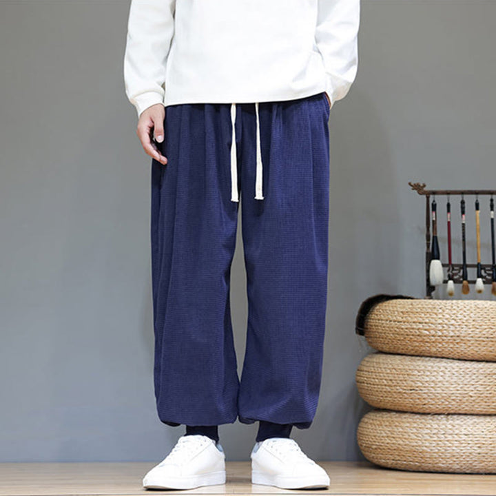 Pantalon sarouel en velours côtelé de coton pour homme, motif Buddha Stones Fall, uni, avec cordon de serrage, design simple, avec poches - image 48