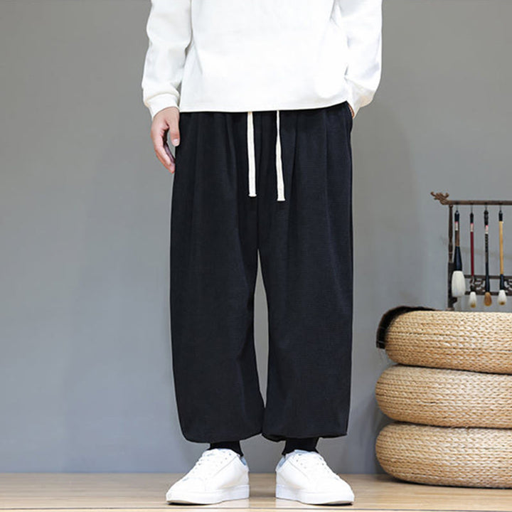 Pantalon sarouel en velours côtelé de coton pour homme, motif Buddha Stones Fall, uni, avec cordon de serrage, design simple, avec poches - image 31