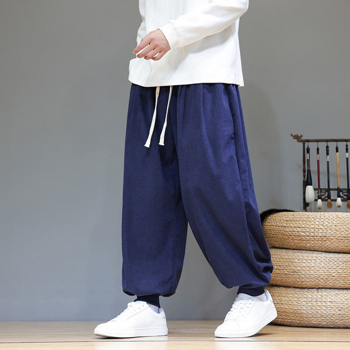 Pantalon sarouel en velours côtelé de coton pour homme, motif Buddha Stones Fall, uni, avec cordon de serrage, design simple, avec poches - image 51