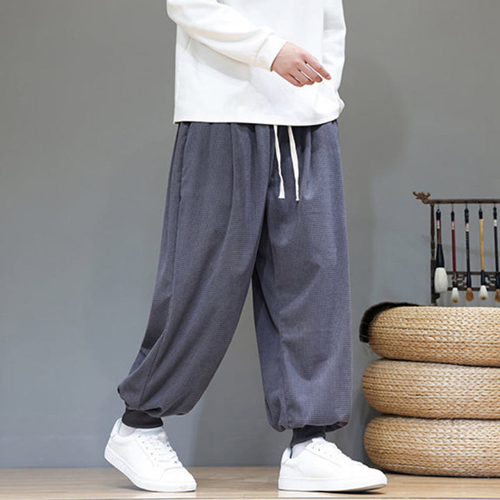 Pantalon sarouel en velours côtelé de coton pour homme, motif Buddha Stones Fall, uni, avec cordon de serrage, design simple, avec poches - image 2