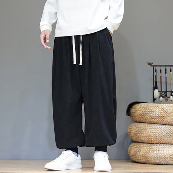 Pantalon sarouel en velours côtelé de coton pour homme, motif Buddha Stones Fall, uni, avec cordon de serrage, design simple, avec poches - image 36