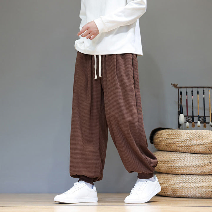 Pantalon sarouel en velours côtelé de coton pour homme, motif Buddha Stones Fall, uni, avec cordon de serrage, design simple, avec poches - image 65
