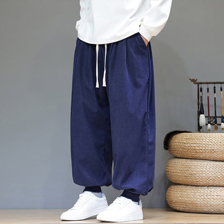 Pantalon sarouel en velours côtelé de coton pour homme, motif Buddha Stones Fall, uni, avec cordon de serrage, design simple, avec poches - image 53