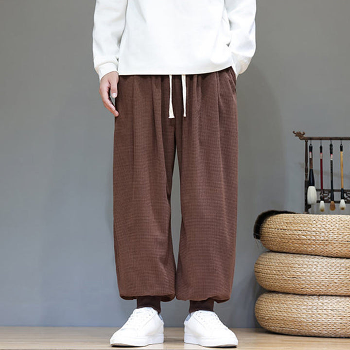 Pantalon sarouel en velours côtelé de coton pour homme, motif Buddha Stones Fall, uni, avec cordon de serrage, design simple, avec poches - image 64