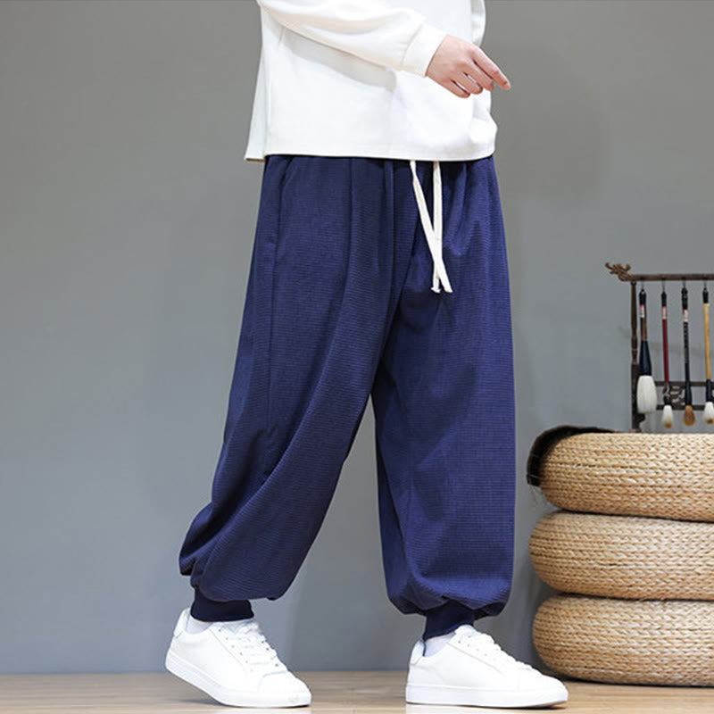 Pantalon sarouel en velours côtelé de coton pour homme, motif Buddha Stones Fall, uni, avec cordon de serrage, design simple, avec poches - image 52