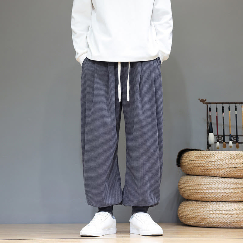 Pantalon sarouel en velours côtelé de coton pour homme, motif Buddha Stones Fall, uni, avec cordon de serrage, design simple, avec poches - image 1