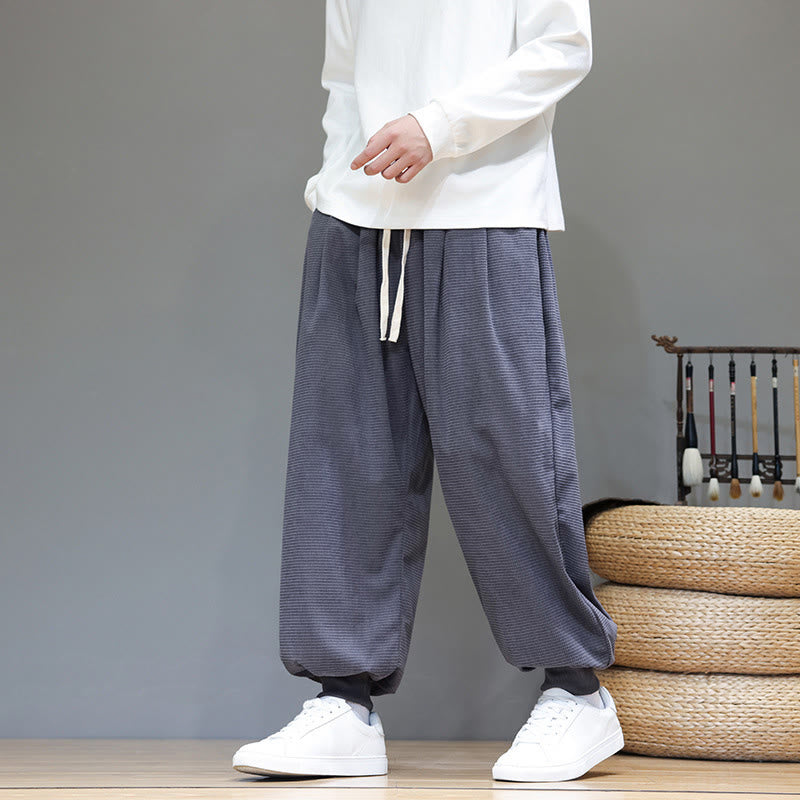 Pantalon sarouel en velours côtelé de coton pour homme, motif Buddha Stones Fall, uni, avec cordon de serrage, design simple, avec poches - image 0