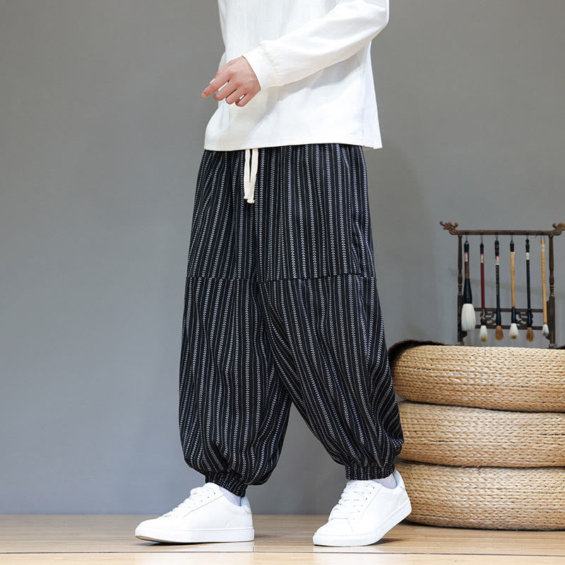 Pantalon Buddha Stones en velours côtelé pour homme, motif rayé, avec cordon de serrage et poches - image 0