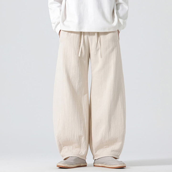 Pantalon large en pur coton avec cordon de serrage et poches pour homme, style zen chinois, motif Buddha Stones - image 1
