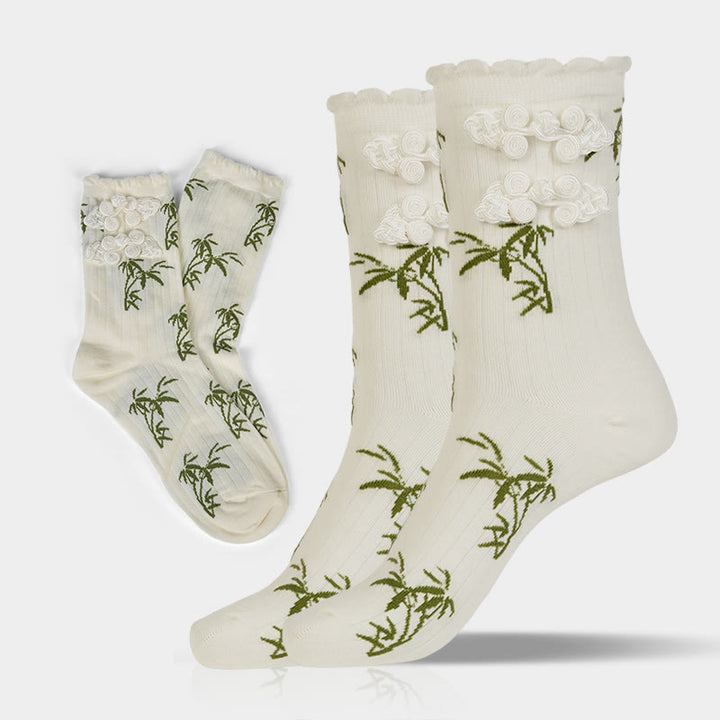 Chaussettes mi-mollet pour femme en jacquard de bambou avec motif de grenouille chinoise et boutons Buddha Stones - Blanc - Taille unique (US 5,5-8,5, EU 36-40, UK/AU 3,5-6,5, AISA 23-25 ​​cm) - image 16