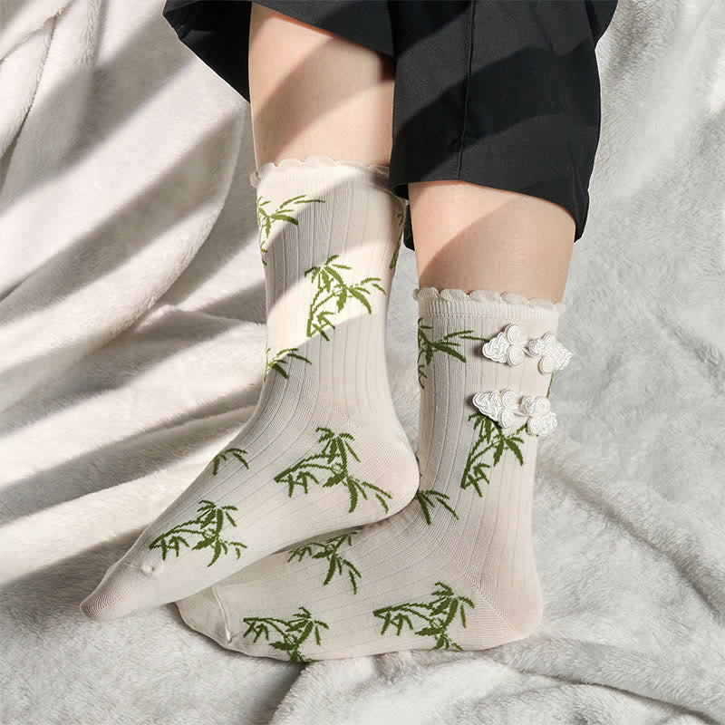 Chaussettes mi-mollet pour femme en jacquard de bambou avec motif de grenouille chinoise et boutons Buddha Stones - image 20