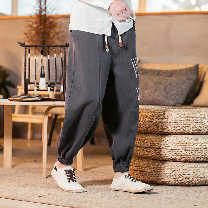 Pantalon en coton pour homme avec poches et motif de caractères chinois brodés de Buddha Stones - image 4