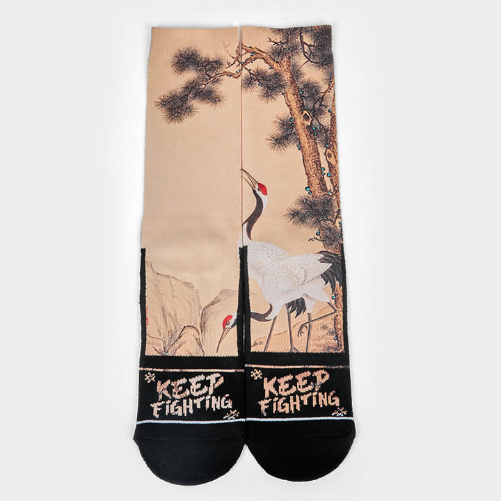 Chaussettes unisexes décontractées à motif de Buddha Stones , grue blanche, pins, montagnes, pour hommes et femmes - image 1