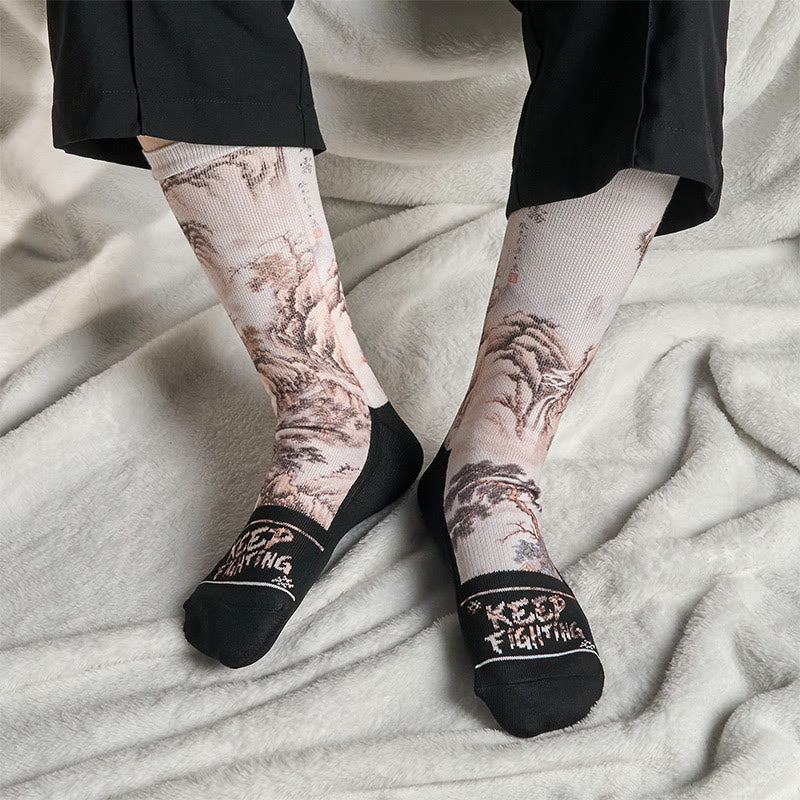 Chaussettes unisexes décontractées à motif de Buddha Stones , grue blanche, pins, montagnes, pour hommes et femmes - image 18