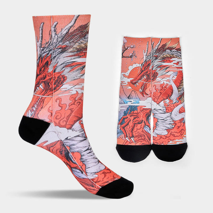 Chaussettes unisexes décontractées à motif Buddha Stones, dragon rouge, volcan, soleil, arbre, montagnes, micro-collant pour hommes et femmes - image 8