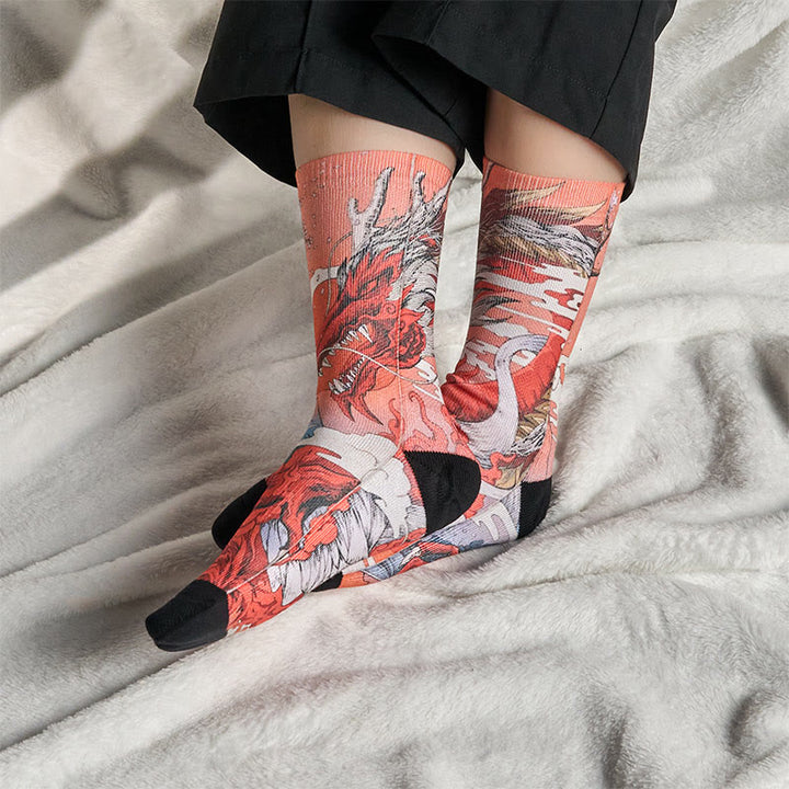 Chaussettes unisexes décontractées à motif Buddha Stones, dragon rouge, volcan, soleil, arbre, montagnes, micro-collant pour hommes et femmes - image 4