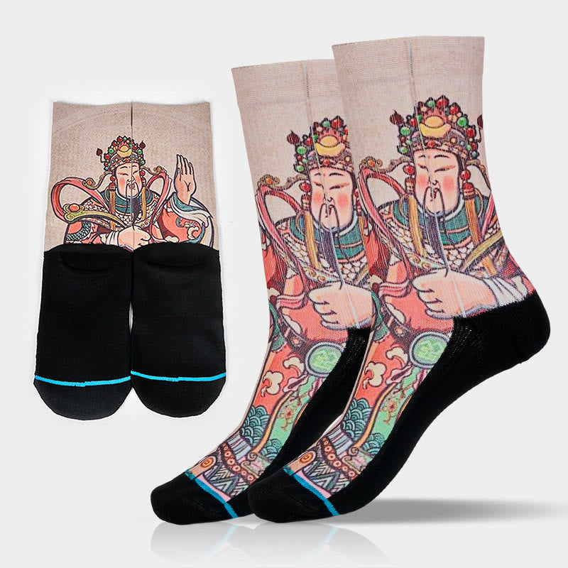 Chaussettes unisexes décontractées à imprimé Buddha Stones et Dieu de la richesse Ruyi pour hommes et femmes - Lin - ML (US 7,5-12, EU 40-45, UK/AU 7-11,5, AISA 25,5-28,5 cm) - image 0