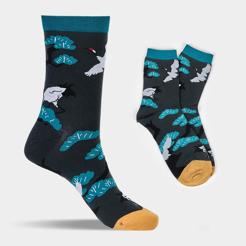 Chaussettes mi-mollet décontractées Buddha Stones à motif grue blanche et pin pour femme - image 1
