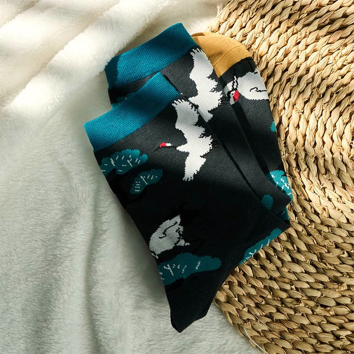 Chaussettes mi-mollet décontractées Buddha Stones à motif grue blanche et pin pour femme - image 2