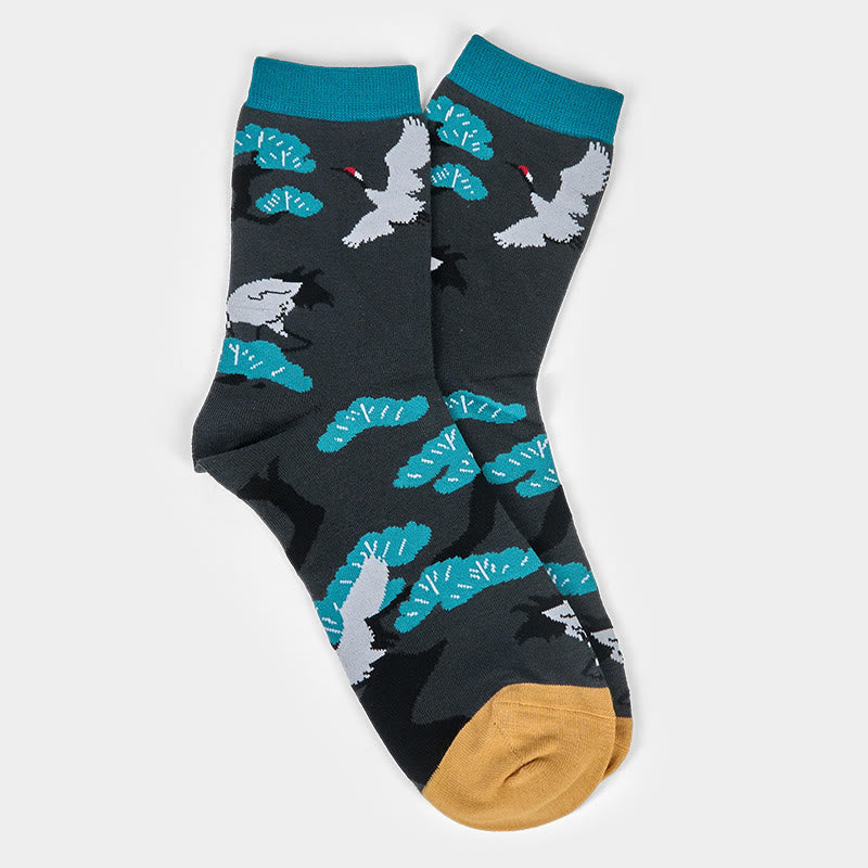 Chaussettes mi-mollet décontractées Buddha Stones à motif grue blanche et pin pour femme - image 4