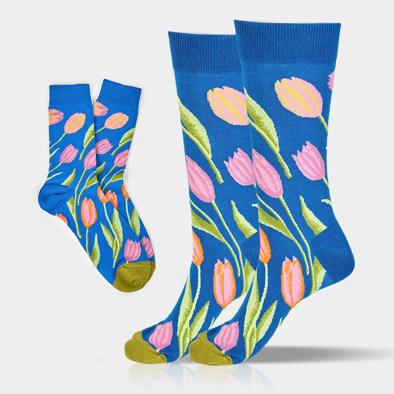 Chaussettes unisexes en coton à motif tulipe bleu moyen Buddha Stones pour hommes et femmes - Tulipe - Taille unique (US8-12,5, EU41-46, UK/AU7,5-12, Asie25,5-31 cm) - image 0