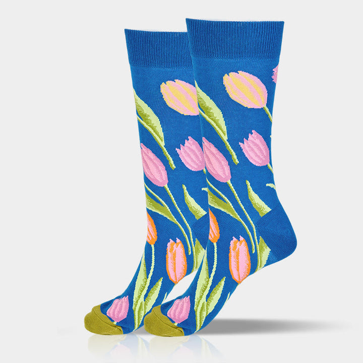 Chaussettes unisexes en coton à motif tulipe bleu moyen Buddha Stones pour hommes et femmes - image 6