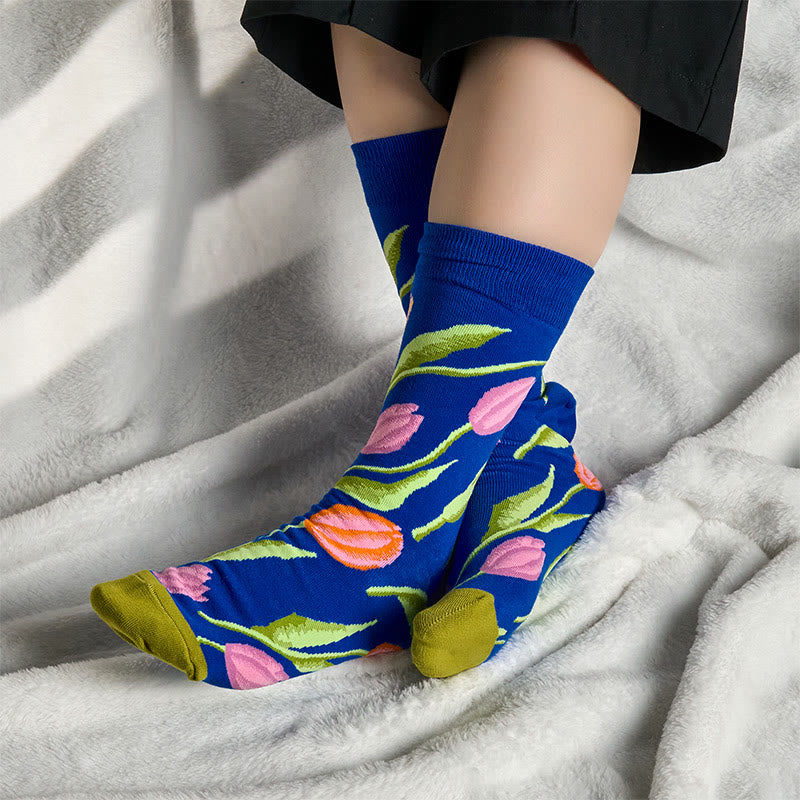 Chaussettes unisexes en coton à motif tulipe bleu moyen Buddha Stones pour hommes et femmes - image 2