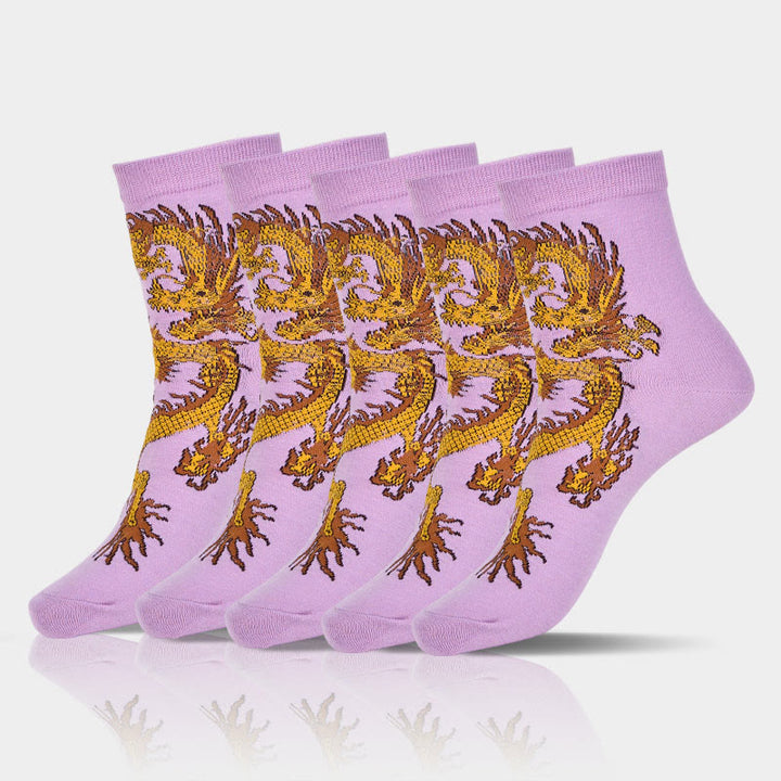 Lot de 5 paires de chaussettes décontractées Buddha Stones pour femme, motif dragon doré - 5 paires de dragons violets - SM (US 5,5-8,5, EU 36-40, UK/AU 3,5-6,5, Asie 23-25 ​​cm) - image 10