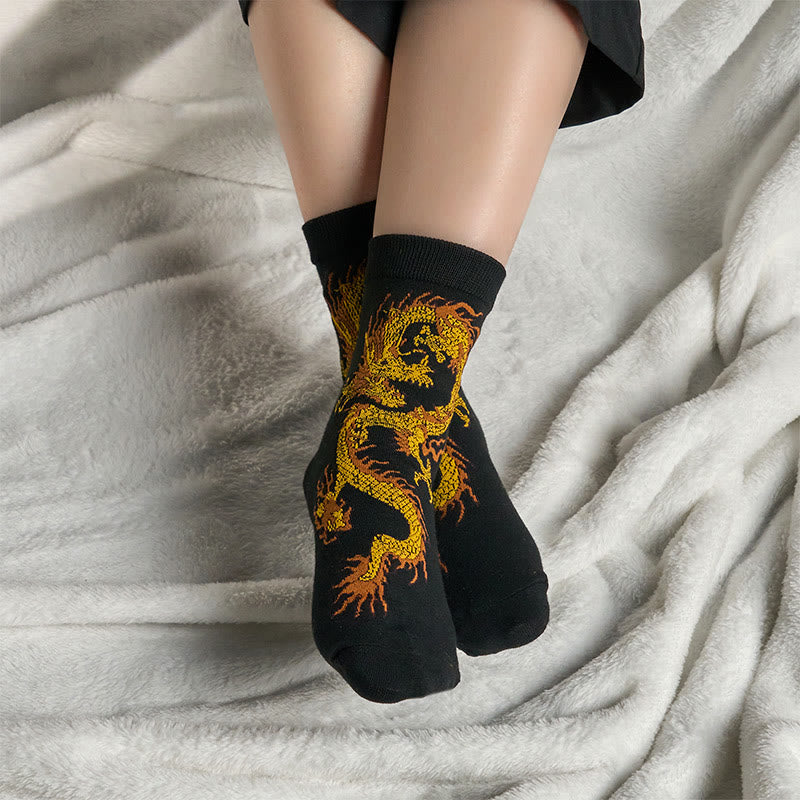 Lot de 5 paires de chaussettes décontractées Buddha Stones pour femme, motif dragon doré - image 4