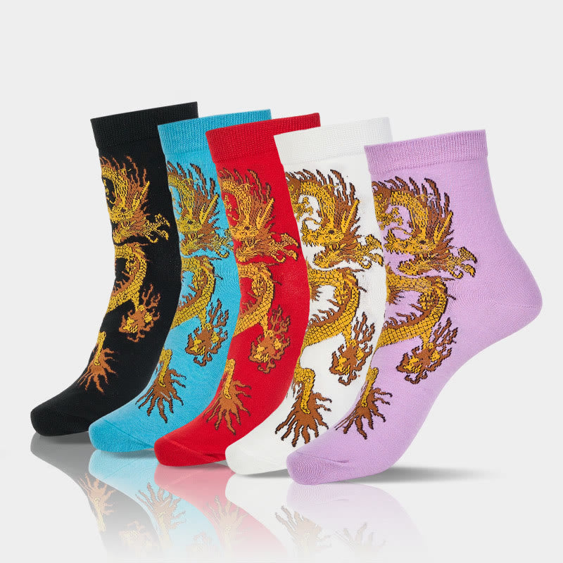 Lot de 5 paires de chaussettes décontractées Buddha Stones pour femme, motif dragon doré - 5 paires (1 paire de chaque couleur) - SM (US 5,5-8,5, EU 36-40, UK/AU 3,5-6,5, Asie 23-25 ​​cm) - image 0