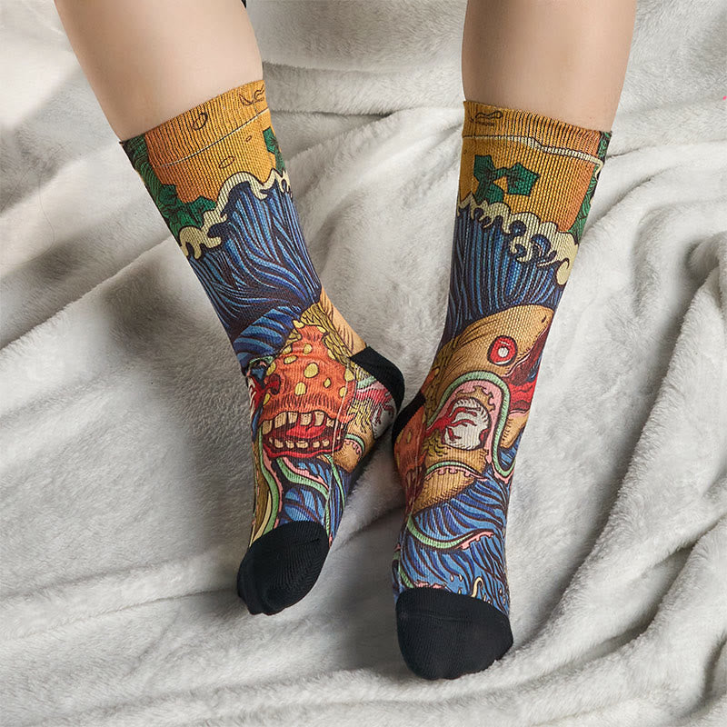 Chaussettes unisexes décontractées à imprimé Buddha Stones, motif poisson vif et vagues fluides, pour hommes et femmes - image 6