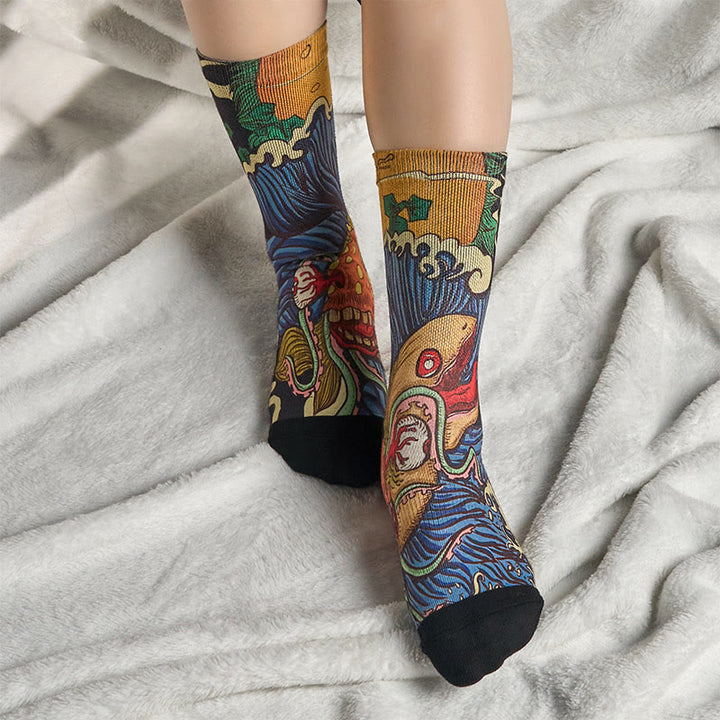 Chaussettes unisexes décontractées à imprimé Buddha Stones, motif poisson vif et vagues fluides, pour hommes et femmes - image 5