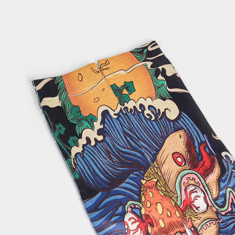 Chaussettes unisexes décontractées à imprimé Buddha Stones, motif poisson vif et vagues fluides, pour hommes et femmes - image 2