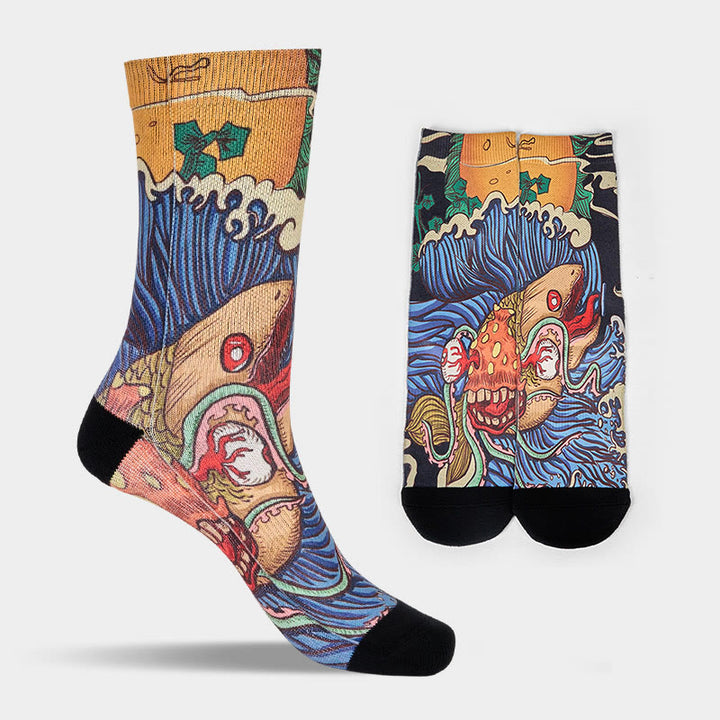 Chaussettes unisexes décontractées à imprimé Buddha Stones, motif poisson vif et vagues fluides, pour hommes et femmes - image 10