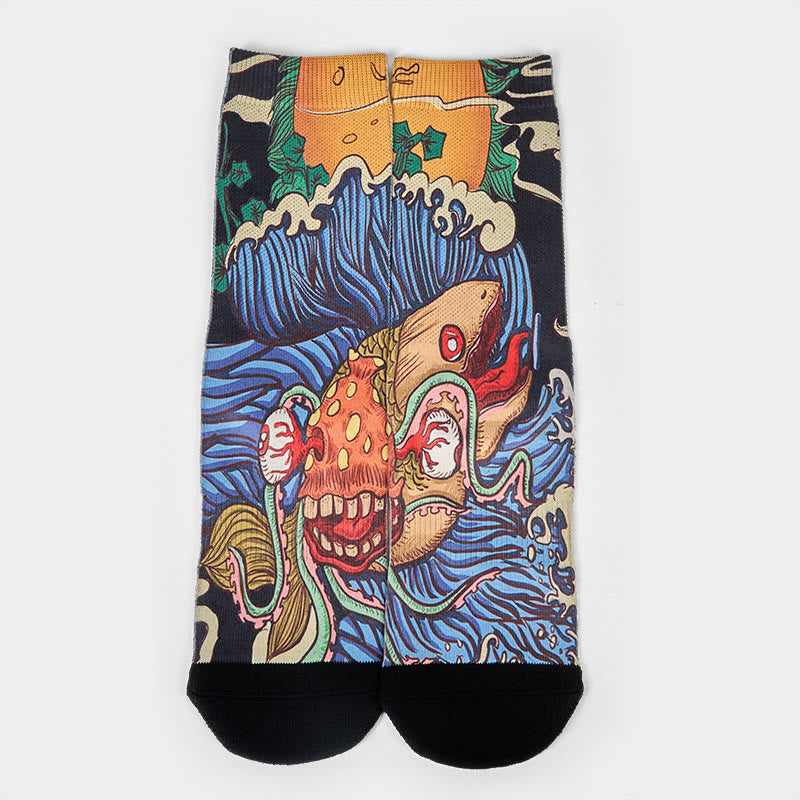 Chaussettes unisexes décontractées à imprimé Buddha Stones, motif poisson vif et vagues fluides, pour hommes et femmes - image 1
