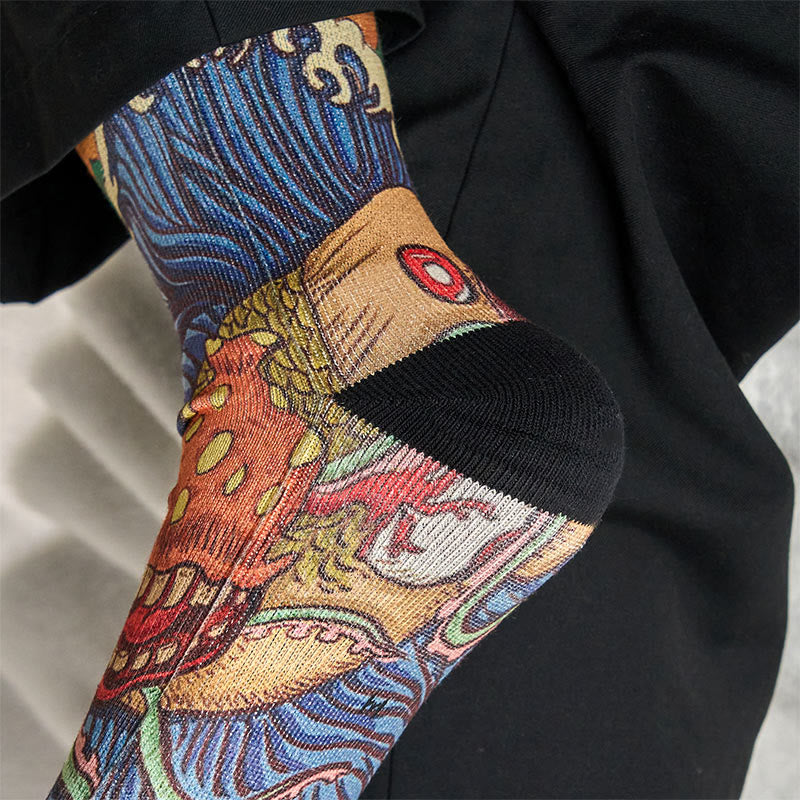Chaussettes unisexes décontractées à imprimé Buddha Stones, motif poisson vif et vagues fluides, pour hommes et femmes - image 8