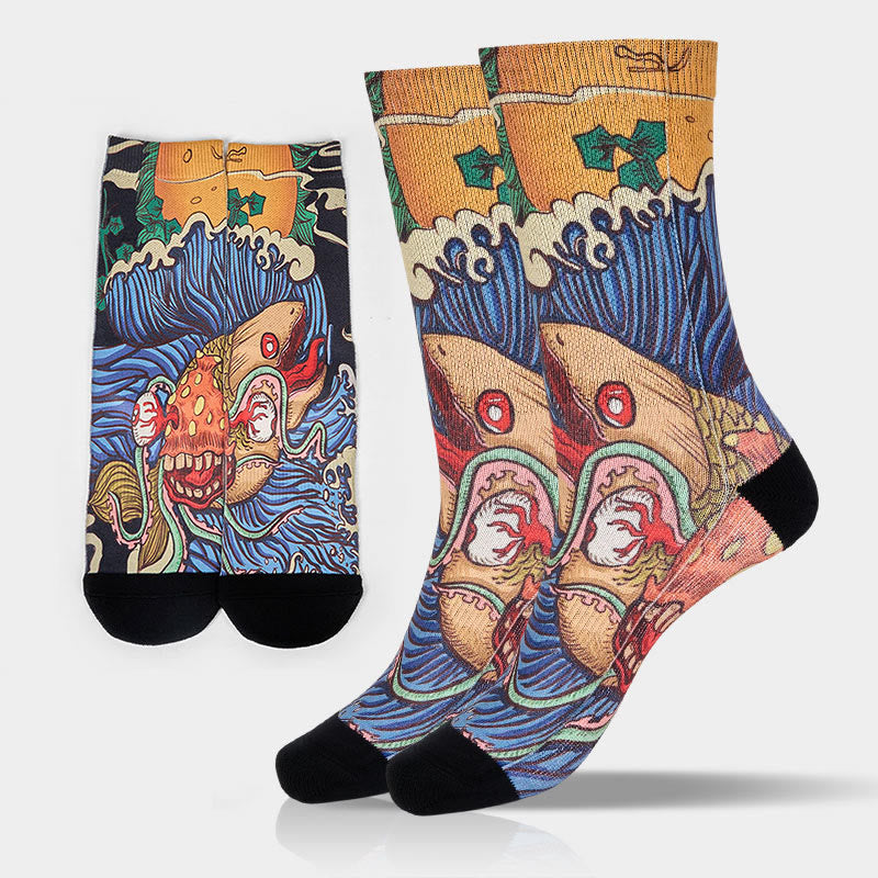 Chaussettes unisexes décontractées à imprimé Buddha Stones, motif poisson vif et vagues fluides, pour hommes et femmes - Bleu acier - ML (US 8-12, EU 41-45, UK/AU 7,5-11,5, AISA 25,5-28,5 cm) - image 0