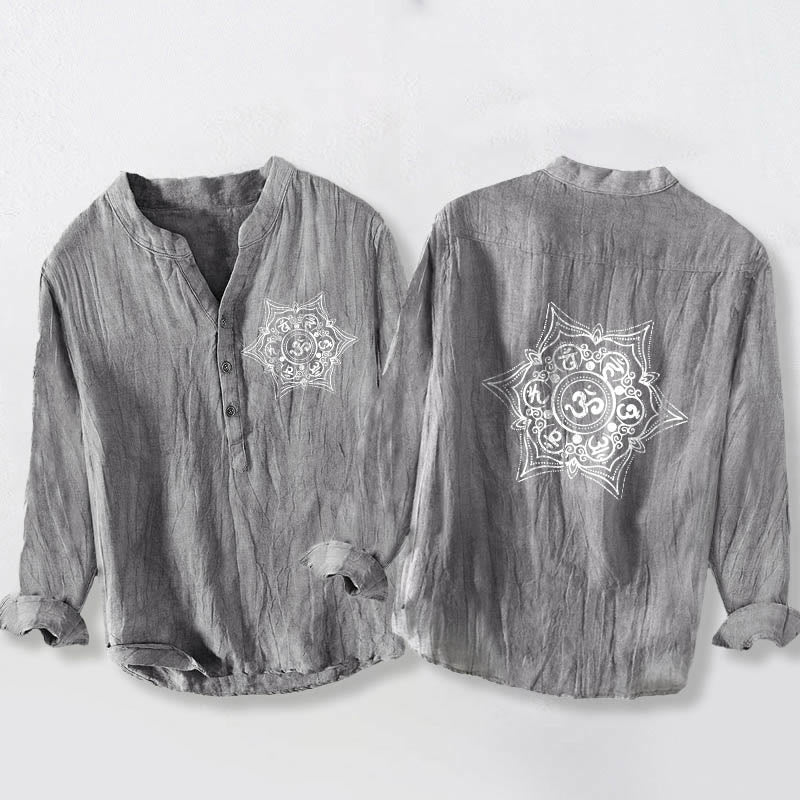 Chemise en coton et lin à manches longues pour homme, ornée d'un mandala Om Mani Padme Hum et de demi-boutons, avec motif de Buddha Stones. - Gris - US/UK/AU50，EU60 (5XL) - image 6