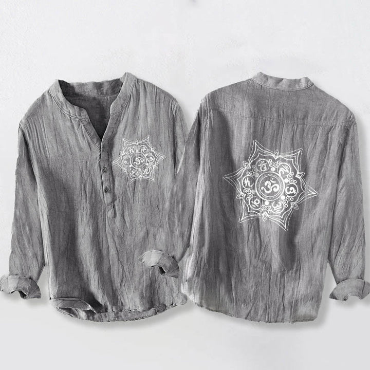 Chemise en coton et lin à manches longues pour homme, ornée d'un mandala Om Mani Padme Hum et de demi-boutons, avec motif de Buddha Stones. - Gris - US/UK/AU50，EU60 (5XL) - image 6