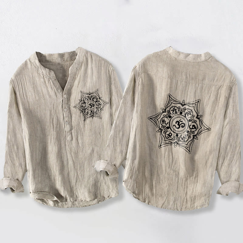 Chemise en coton et lin à manches longues pour homme, ornée d'un mandala Om Mani Padme Hum et de demi-boutons, avec motif de Buddha Stones. - Lin - US/UK/AU50，EU60 (5XL) - image 3