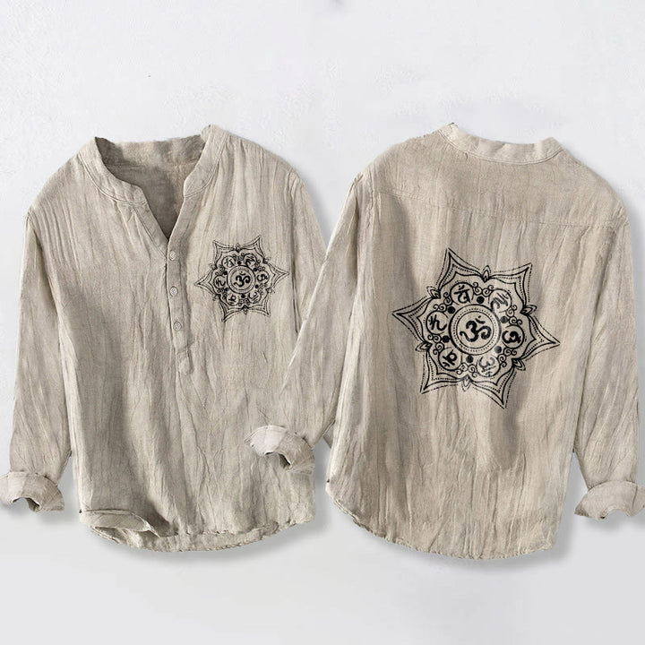 Chemise en coton et lin à manches longues pour homme, ornée d'un mandala Om Mani Padme Hum et de demi-boutons, avec motif de Buddha Stones. - Lin - US/UK/AU50，EU60 (5XL) - image 3