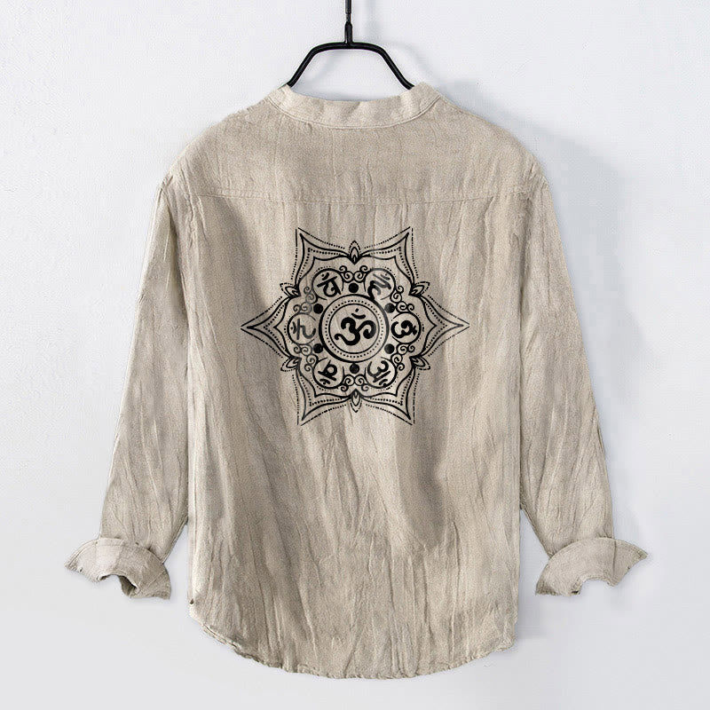 Chemise en coton et lin à manches longues pour homme, ornée d'un mandala Om Mani Padme Hum et de demi-boutons, avec motif de Buddha Stones. - image 5