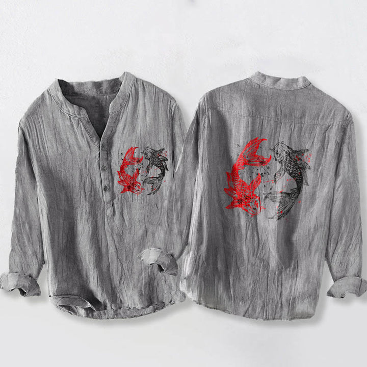 Chemise homme en coton et lin à manches longues, ornée de demi-boutons et de motifs de carpes koï Yin Yang et de Buddha Stones - Gris - US/UK/AU50，EU60 (5XL) - image 0